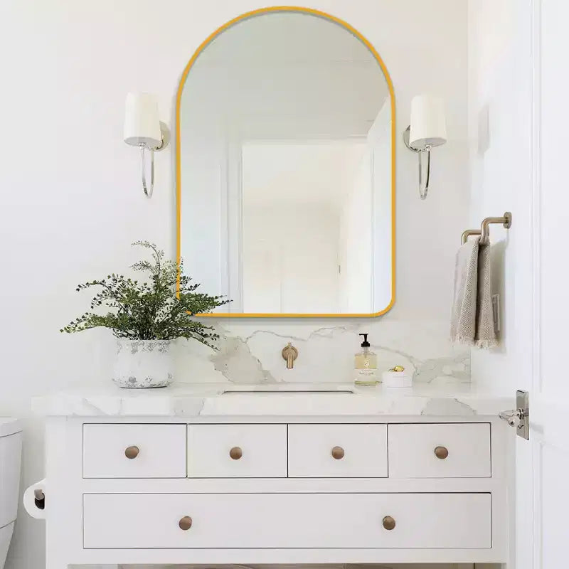 Espejo de baño moderno con marco de metal arqueado, espejo decorativo de pared