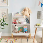 Estantería de pie blanca de 3 niveles para libros o figuras de juguete infantiles, con patas en contraste de tono madera