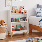 Estantería de pie blanca de 3 niveles para libros o figuras de juguete infantiles, con patas en contraste de tono madera