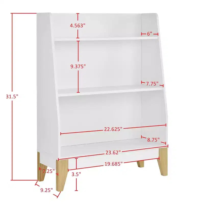 Estantería de pie blanca de 3 niveles para libros o figuras de juguete infantiles, con patas en contraste de tono madera