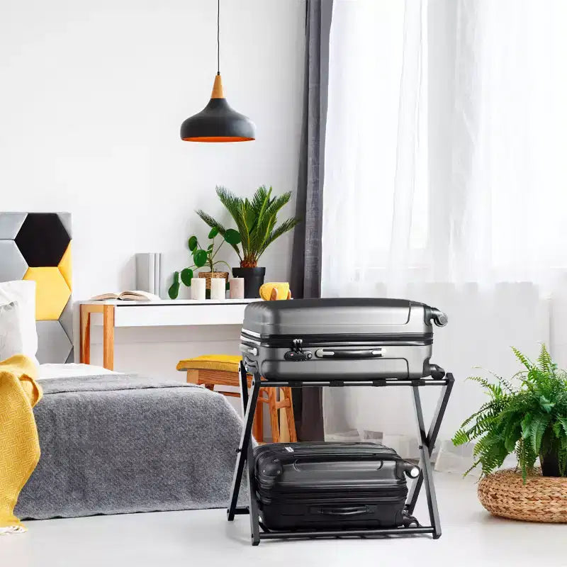 Estante plegable de metal para maletas y zapatos de habitación de hotel con estante