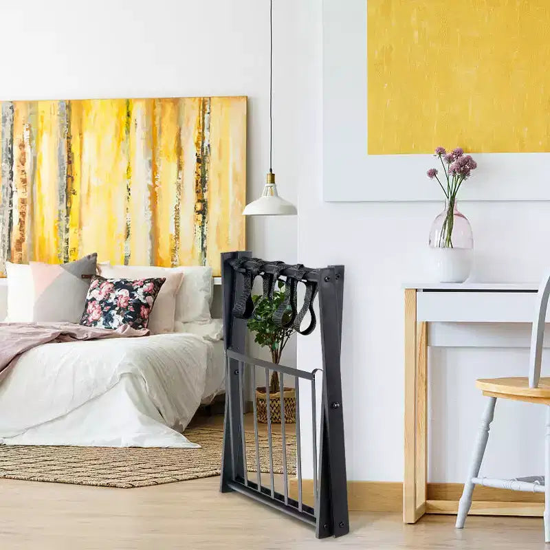 Estante plegable de metal para maletas y zapatos de habitación de hotel con estante