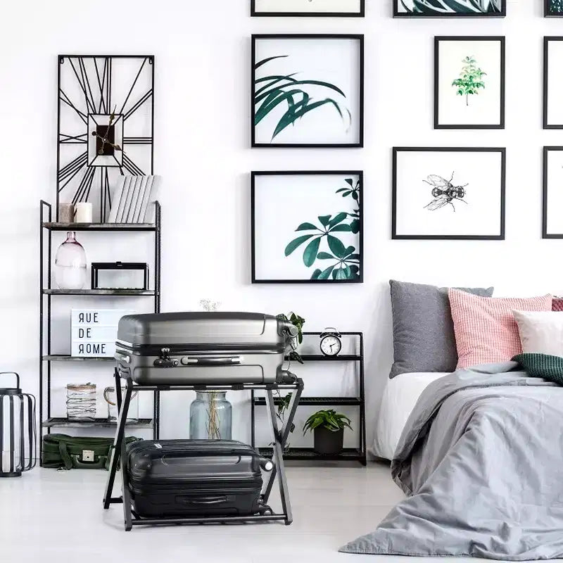 Estante plegable de metal para maletas y zapatos de habitación de hotel con estante