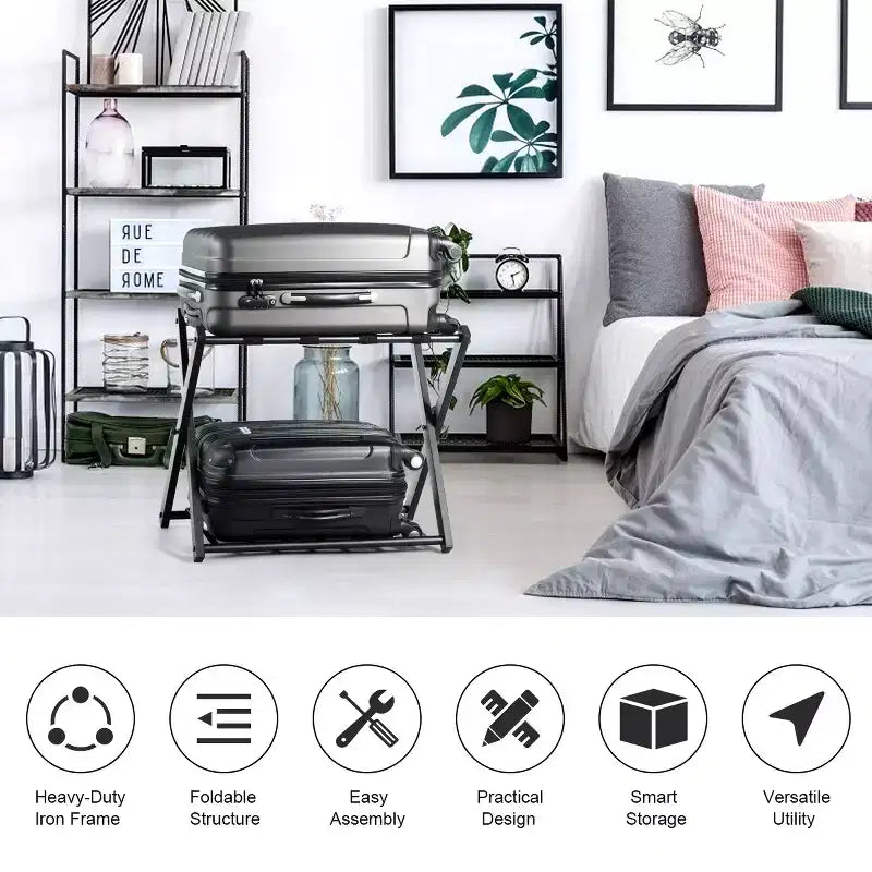 Estante plegable de metal para maletas y zapatos de habitación de hotel con estante