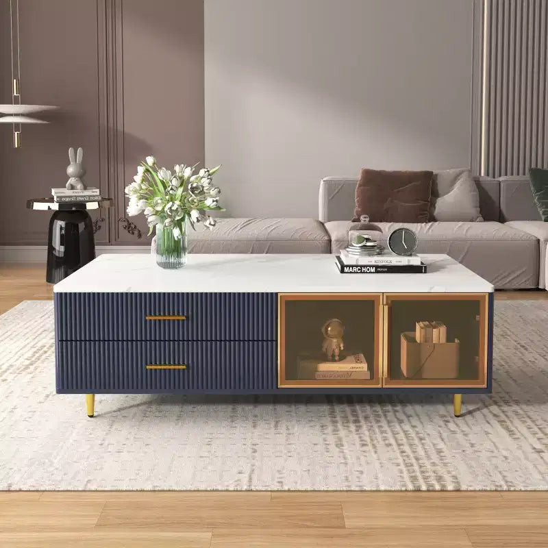 47.2''W Modern Coffee Table with 2 Glass Door Storage, 4 Drawers, Gold Metal Legs and Multi-Color Lighting 4B - ModernLuxe