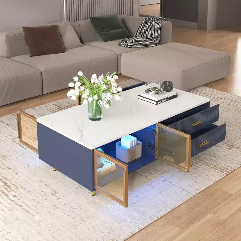 Mesa de centro moderna de 47.2''W con 2 puertas de cristal de almacenamiento, 4 cajones, patas de metal dorado e iluminación multicolor