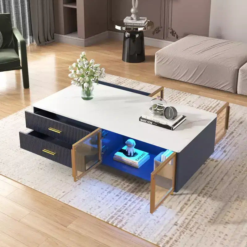 Mesa de centro moderna de 47.2''W con 2 puertas de cristal de almacenamiento, 4 cajones, patas de metal dorado e iluminación multicolor