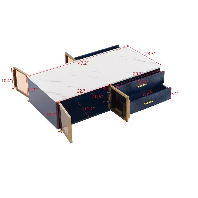 Mesa de centro moderna de 47.2''W con 2 puertas de cristal de almacenamiento, 4 cajones, patas de metal dorado e iluminación multicolor