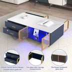 Mesa de centro moderna de 47.2''W con 2 puertas de cristal de almacenamiento, 4 cajones, patas de metal dorado e iluminación multicolor