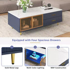 Mesa de centro moderna de 47.2''W con 2 puertas de cristal de almacenamiento, 4 cajones, patas de metal dorado e iluminación multicolor