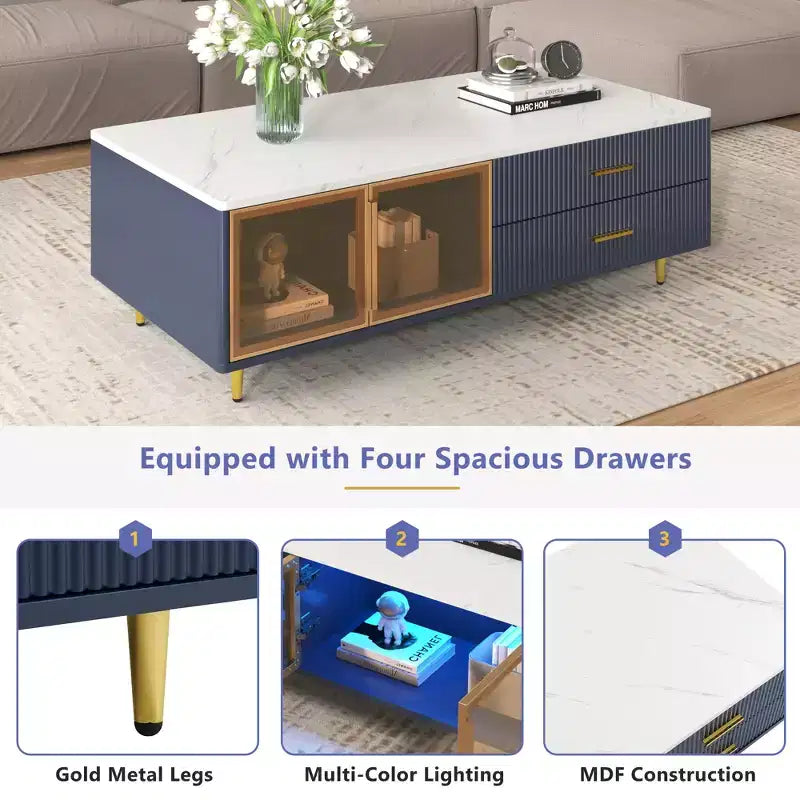 Mesa de centro moderna de 47.2''W con 2 puertas de cristal de almacenamiento, 4 cajones, patas de metal dorado e iluminación multicolor
