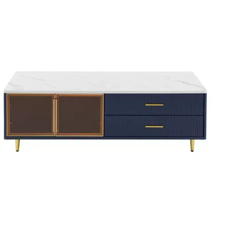 Mesa de centro moderna de 47.2''W con 2 puertas de cristal de almacenamiento, 4 cajones, patas de metal dorado e iluminación multicolor