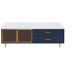 Mesa de centro moderna de 47.2''W con 2 puertas de cristal de almacenamiento, 4 cajones, patas de metal dorado e iluminación multicolor