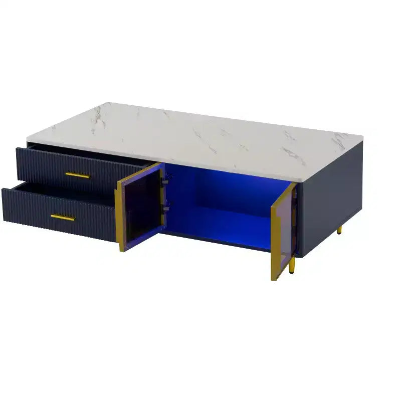 Mesa de centro moderna de 47.2''W con 2 puertas de cristal de almacenamiento, 4 cajones, patas de metal dorado e iluminación multicolor