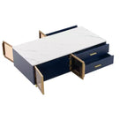 Mesa de centro moderna de 47.2''W con 2 puertas de cristal de almacenamiento, 4 cajones, patas de metal dorado e iluminación multicolor