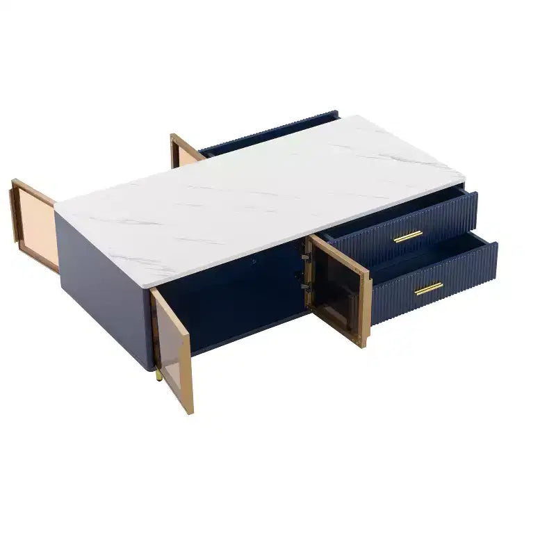 Mesa de centro moderna de 47.2''W con 2 puertas de cristal de almacenamiento, 4 cajones, patas de metal dorado e iluminación multicolor