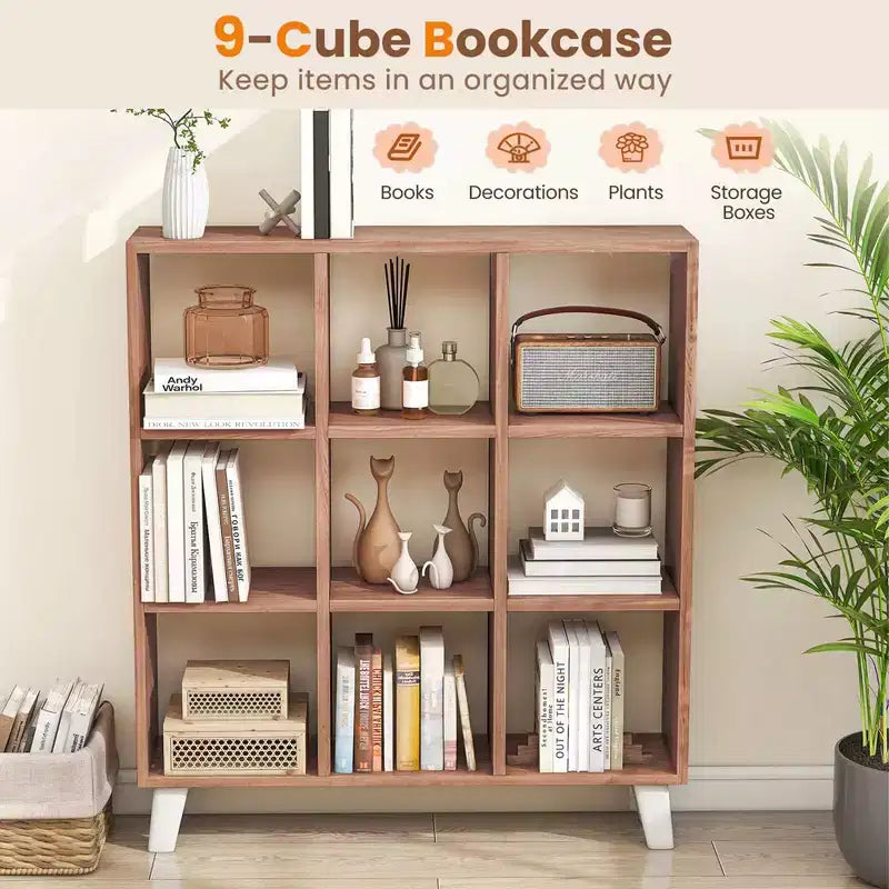 2 estanterías de 9 cubos con 6 estantes extraíbles y patas elevadas para salón, marrón/blanco