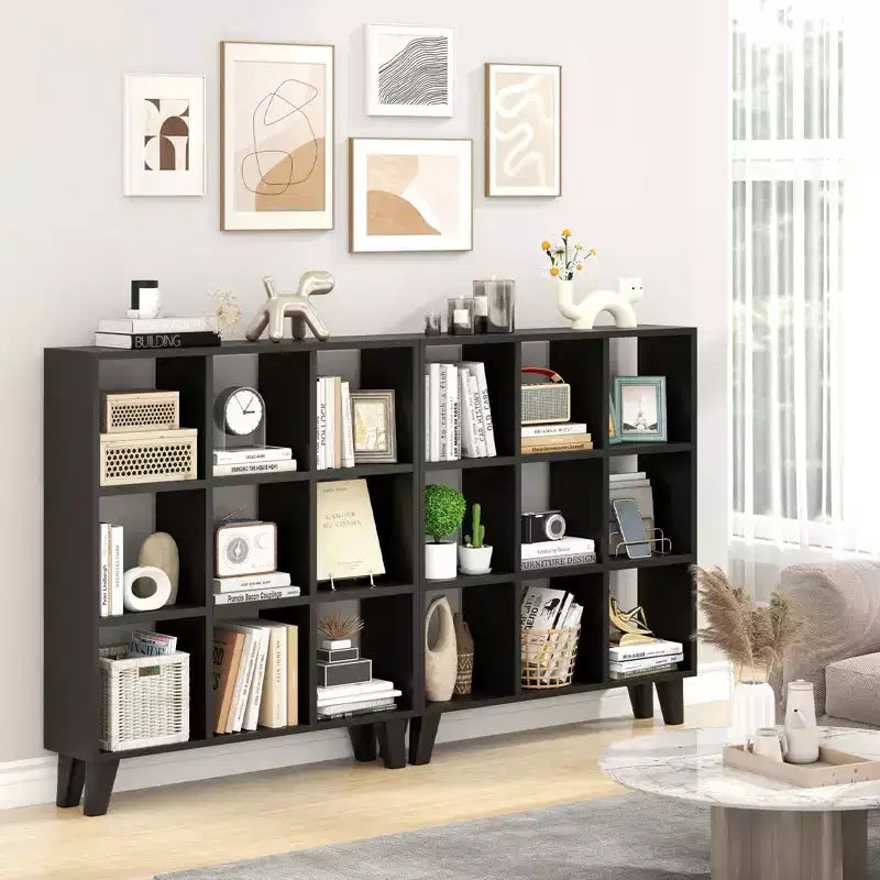 2 estanterías de 9 cubos con 6 estantes extraíbles y patas elevadas para salón, marrón/blanco