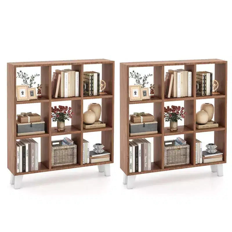 2 estanterías de 9 cubos con 6 estantes extraíbles y patas elevadas para salón, marrón/blanco