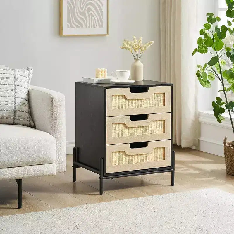 Whizmax Rattan Nightstand, Night Stand with 3 Drawers, Farmhouse End Table with Metal Handle, Bedside Table for Bedroom Living Room Small Space