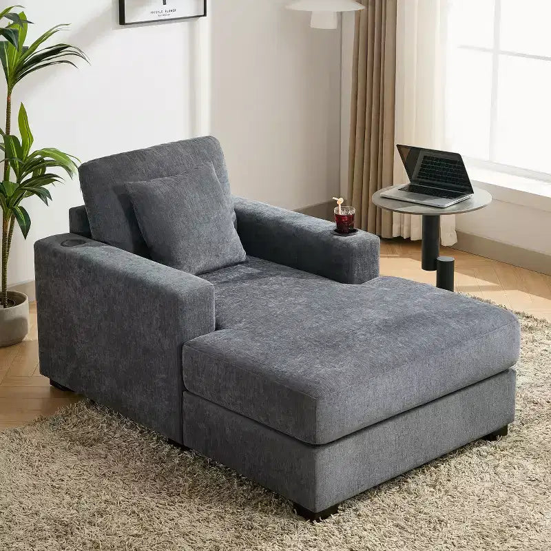 55/43.5/39.7W Oversized Chaise Lounge, Sleep Chair Sofa Couch with Pillows, Charge Station & Cup Holders 4B -ModernLuxe