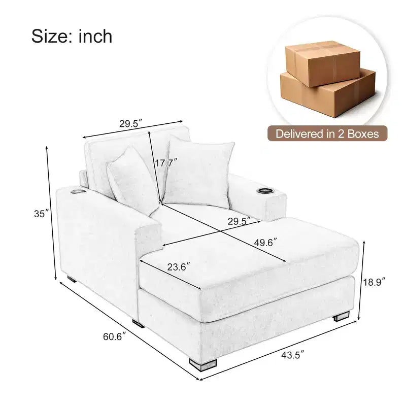 Chaise longue extragrande de 55/43.5/39.7W, sofá cama con almohadas, estación de carga y portavasos