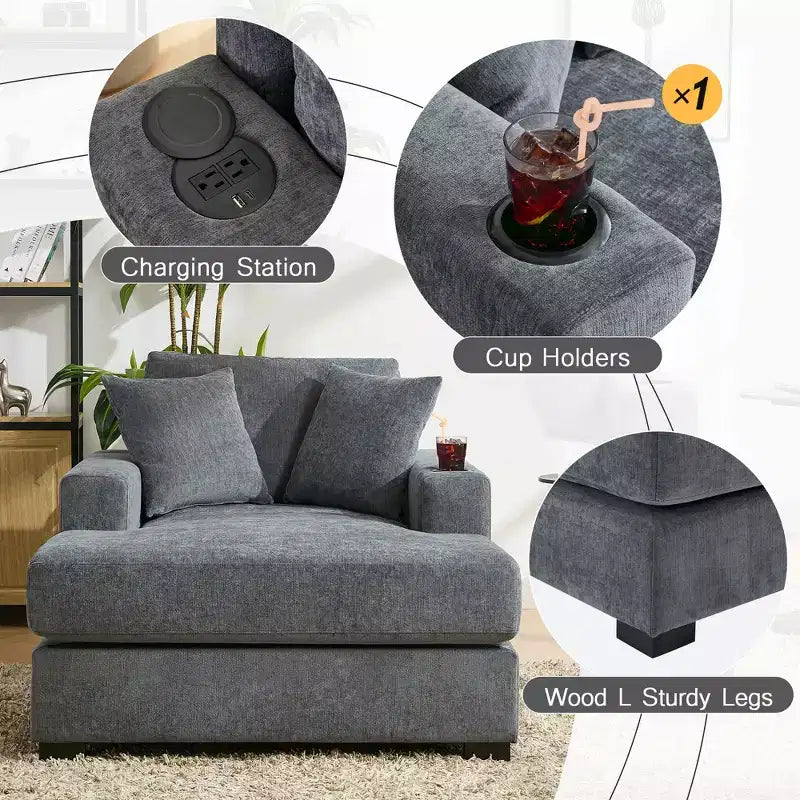 Chaise longue extragrande de 55/43.5/39.7W, sofá cama con almohadas, estación de carga y portavasos