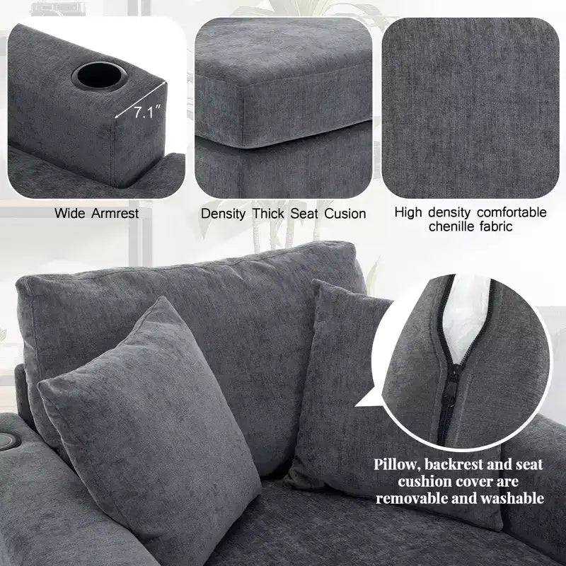 Chaise longue extragrande de 55/43.5/39.7W, sofá cama con almohadas, estación de carga y portavasos