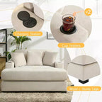 Chaise longue extragrande de 55/43.5/39.7W, sofá cama con almohadas, estación de carga y portavasos