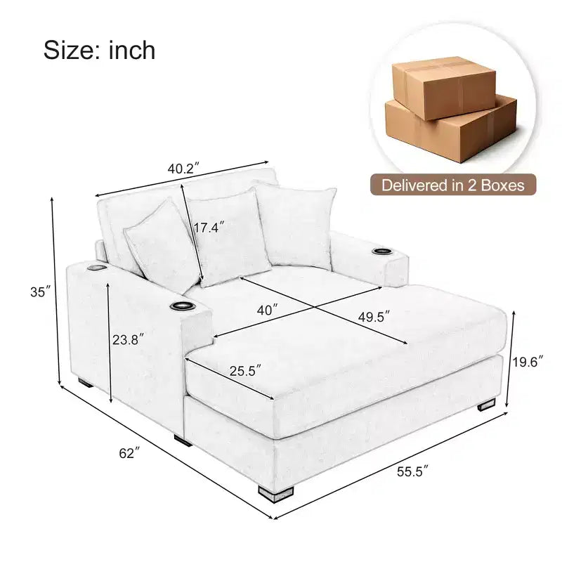 Chaise longue extragrande de 55/43.5/39.7W, sofá cama con almohadas, estación de carga y portavasos