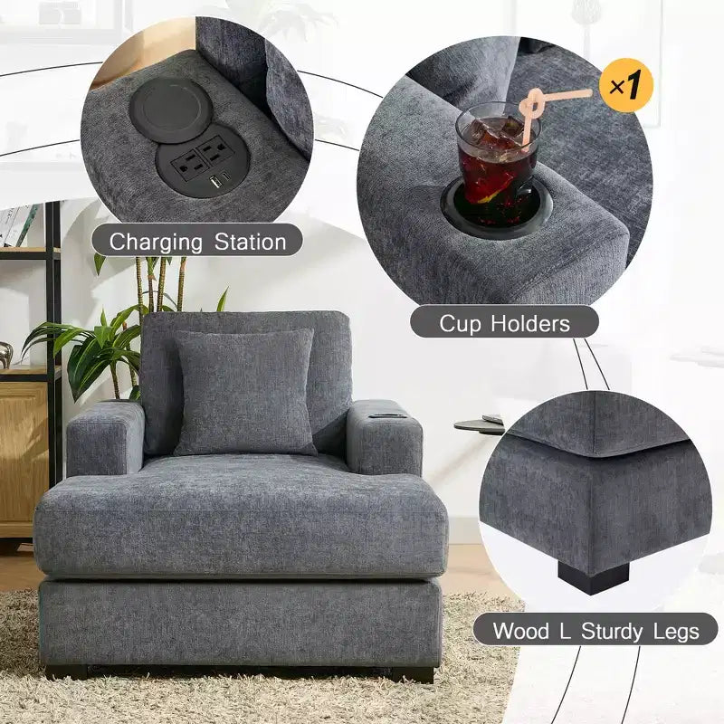 Chaise longue extragrande de 55/43.5/39.7W, sofá cama con almohadas, estación de carga y portavasos