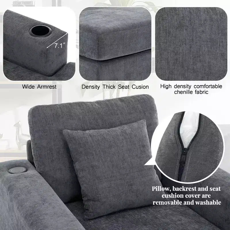 Chaise longue extragrande de 55/43.5/39.7W, sofá cama con almohadas, estación de carga y portavasos