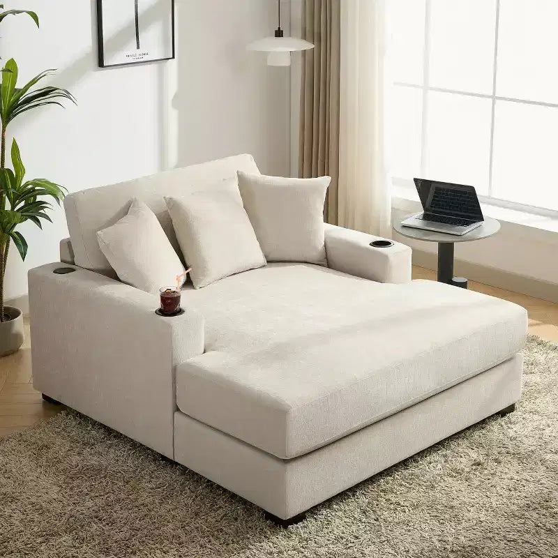 Chaise longue extragrande de 55/43.5/39.7W, sofá cama con almohadas, estación de carga y portavasos