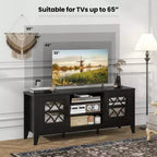 Mueble para TV de hasta 65 pulgadas con estantes ajustables de 3 posiciones y puertas de cristal templado, negro/azul cerceta