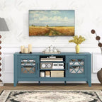 Mueble para TV de hasta 65 pulgadas con estantes ajustables de 3 posiciones y puertas de cristal templado, negro/azul cerceta