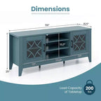 Mueble para TV de hasta 65 pulgadas con estantes ajustables de 3 posiciones y puertas de cristal templado, negro/azul cerceta