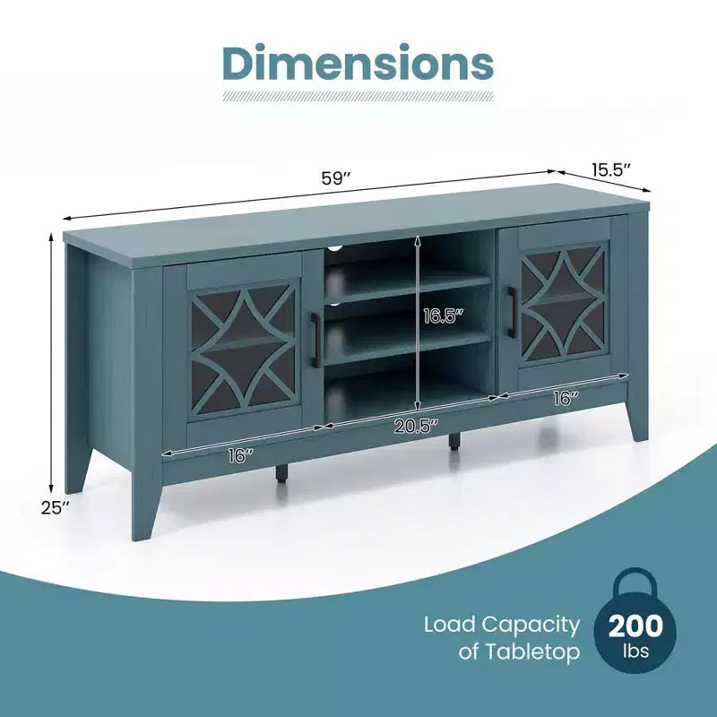 Mueble para TV de hasta 65 pulgadas con estantes ajustables de 3 posiciones y puertas de cristal templado, negro/azul cerceta