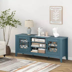 Mueble para TV de hasta 65 pulgadas con estantes ajustables de 3 posiciones y puertas de cristal templado, negro/azul cerceta