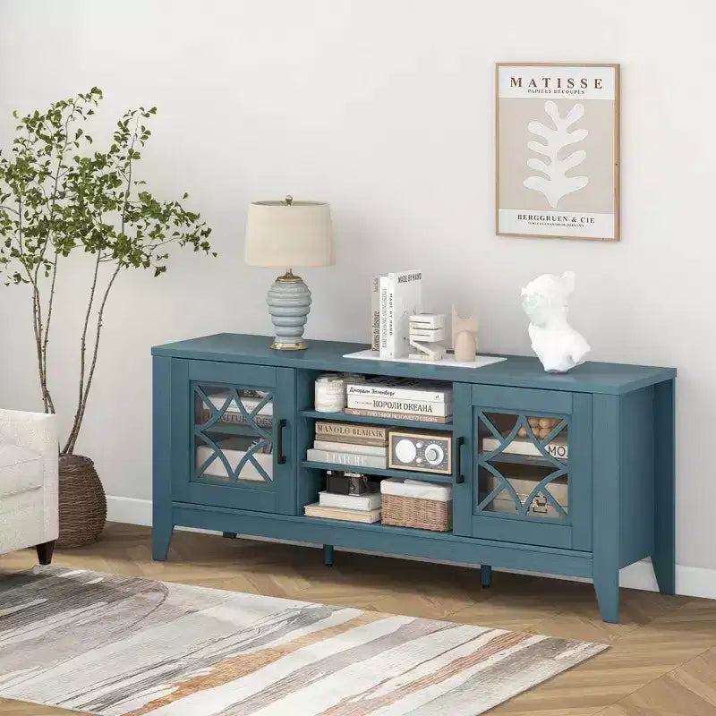 Mueble para TV de hasta 65 pulgadas con estantes ajustables de 3 posiciones y puertas de cristal templado, negro/azul cerceta