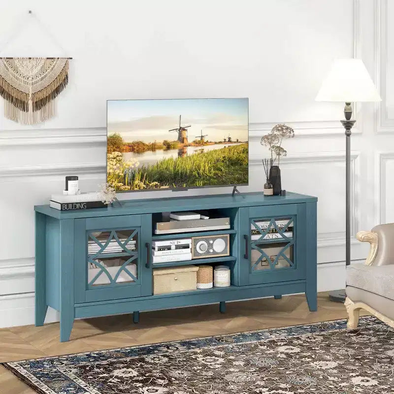 Mueble para TV de hasta 65 pulgadas con estantes ajustables de 3 posiciones y puertas de cristal templado, negro/azul cerceta