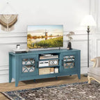 Mueble para TV de hasta 65 pulgadas con estantes ajustables de 3 posiciones y puertas de cristal templado, negro/azul cerceta