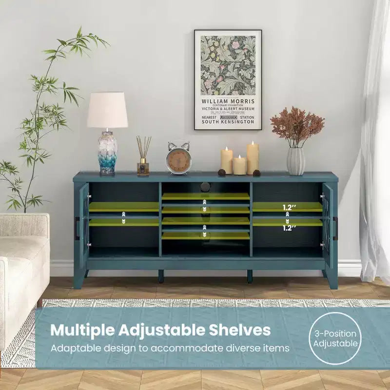 Mueble para TV de hasta 65 pulgadas con estantes ajustables de 3 posiciones y puertas de cristal templado, negro/azul cerceta