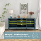 Mueble para TV de hasta 65 pulgadas con estantes ajustables de 3 posiciones y puertas de cristal templado, negro/azul cerceta