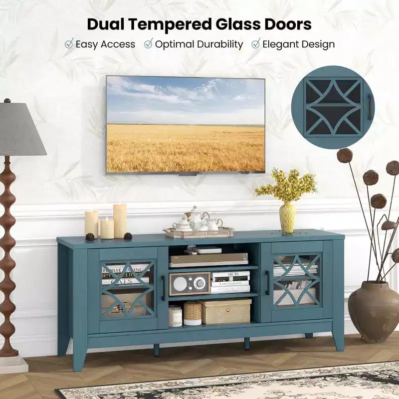 Mueble para TV de hasta 65 pulgadas con estantes ajustables de 3 posiciones y puertas de cristal templado, negro/azul cerceta