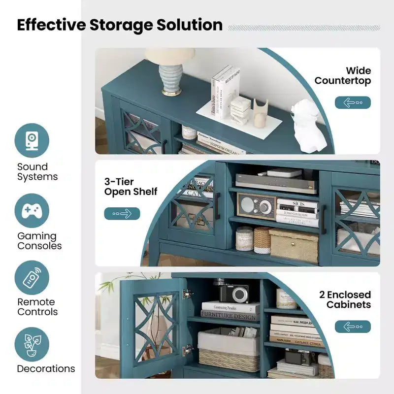 Mueble para TV de hasta 65 pulgadas con estantes ajustables de 3 posiciones y puertas de cristal templado, negro/azul cerceta