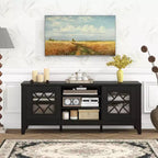 Mueble para TV de hasta 65 pulgadas con estantes ajustables de 3 posiciones y puertas de cristal templado, negro/azul cerceta