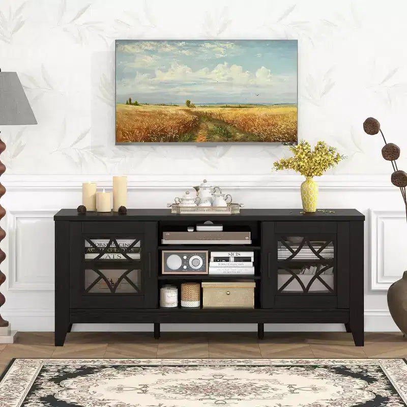 Mueble para TV de hasta 65 pulgadas con estantes ajustables de 3 posiciones y puertas de cristal templado, negro/azul cerceta
