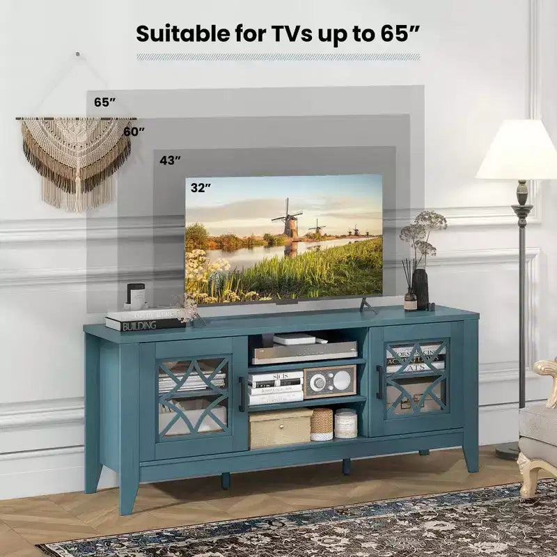 Mueble para TV de hasta 65 pulgadas con estantes ajustables de 3 posiciones y puertas de cristal templado, negro/azul cerceta
