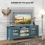 Mueble para TV de hasta 65 pulgadas con estantes ajustables de 3 posiciones y puertas de cristal templado, negro/azul cerceta
