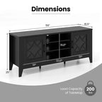 Mueble para TV de hasta 65 pulgadas con estantes ajustables de 3 posiciones y puertas de cristal templado, negro/azul cerceta